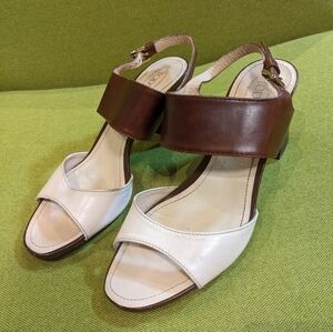 Tod’s Leather Colorblock Sandals Brown Beige Block Heel EU 37.5 US 7